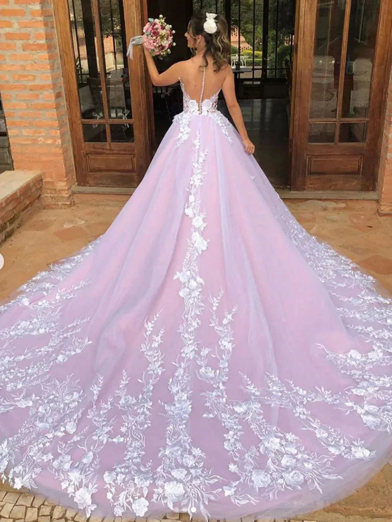 Vestidos de novia de encaje con escote en V y sin mangas en forma de A